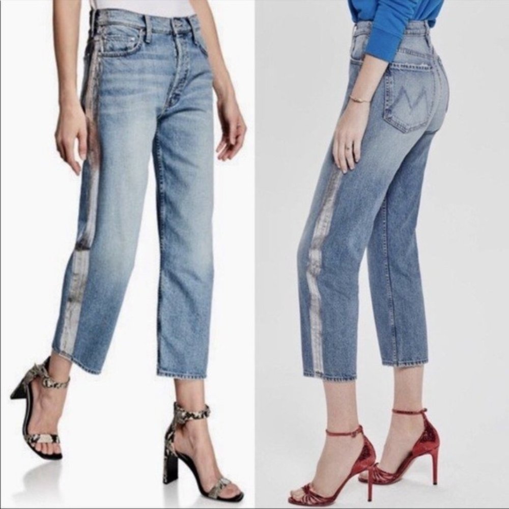 MOTHER Light Blue Cropped Ankle Jeans with Side Stripe